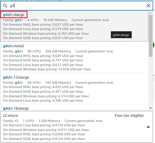 Select Instance G4dn.xlarge